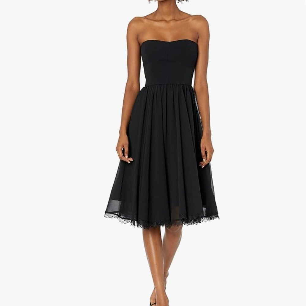 Dress the Population Women's Willow Strapless Mix Media Fit and Flare Midi Dress